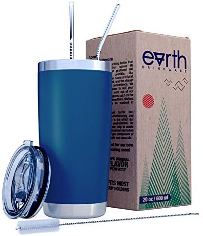 EARTH 20 oz Royal Blue Stainless Steel Tumbler with Splash Proof Lid, 2 Straws, Pipe Brush & Gift Box - Double Wall Travel Mug Flask | Vacuum Insulated Rambler Coffee Cup | BPA Free