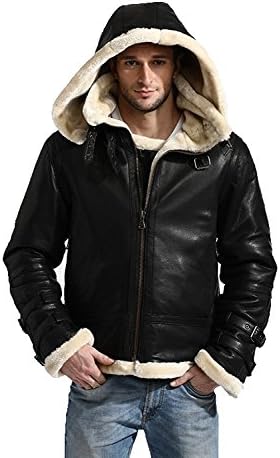 B3 Bomber Jacket Leather with White Fur Shearling Hoodie Men