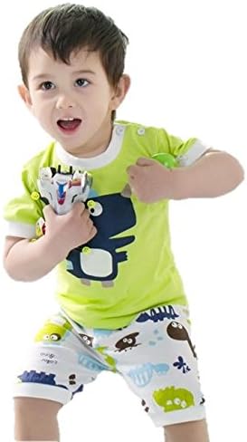 Amazon 夏物 上下セット Tシャツ 半袖 半ズボン 子供 女子 服 男子 限定エコバック付 1 ライトグリーン 恐竜柄 Tシャツ カットソー 通販