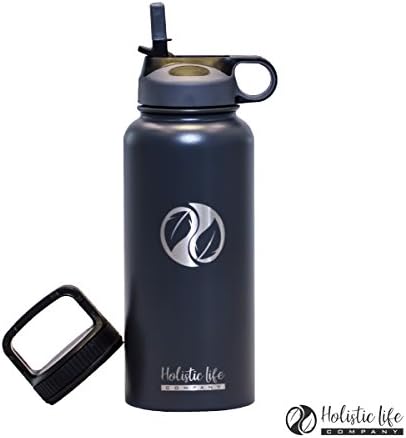 Holistic Flask (32 oz., Gray) - Stainless Steel Hydroflask Water Bottle Double Walled/Vacuum Insulated - BPA/Toxin Free – Wide Mouth with 2 Lids (Straw Lid, Carabiner Lid) 32 oz. - 40oz.