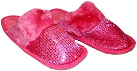 Little Girls Holiday Sequin Slippers Plush Fur Slip-on Super Comfort (Large ( 3 - 4 ), Pink)