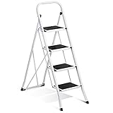 Delxo Folding 4 Step Ladder Ladder with Convenient Handgrip Anti-Slip Sturdy and Wide Pedal 330lbs Portable Steel Step Stool White and Black 4-Feet (WK2040-3)