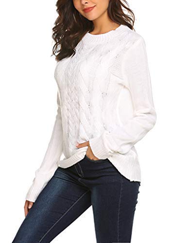 Locry Women Crew Neck Drop Shoulder Ribbed Cable Knitted Sweater Jumper S, White