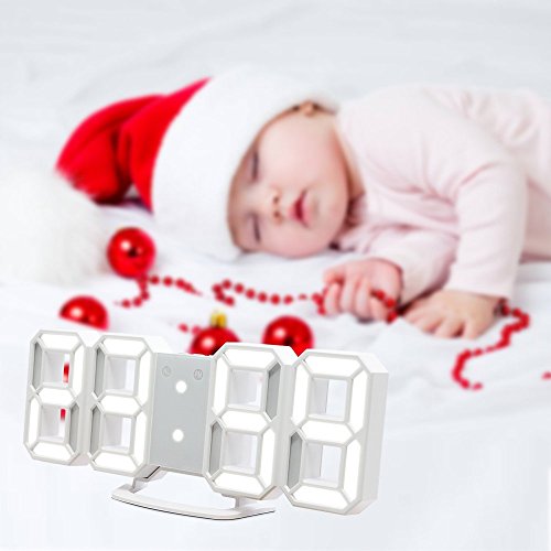 LED Digital Alarm Clock For Desk / Shelf / Tabletop, Modern Home Decoration 3D Wall Clock, Easy To Read at Night, Loud Alarm and Snooze, Big Digit Display (White Frame, White Light)