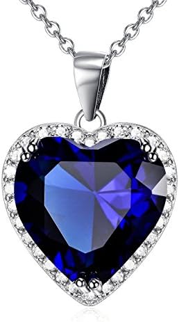 Dark Blue September Birthstone Love Heart Sapphire Pendant Necklace Sterling Silver Solitaire Cubic Zircon Women Jewelry Set (September-Sapphire)
