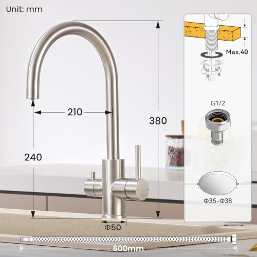 CECIPA Rubinetto Lavello Cucina, Rubinetto Filtro Acqua 3 Vie, 2 Maniglie | Miscelatore Osmosi Cucina per Depuratore, Girevole a 360°, Acqua Calda e Fredda, Acciaio Inox, Spazzolato