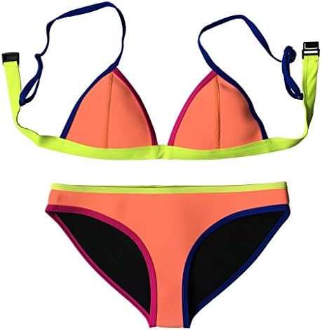 SISSIJOE Women Neoprene Bikini In Bright Color Neon Binding Swimsuit Swimwear Orange Large