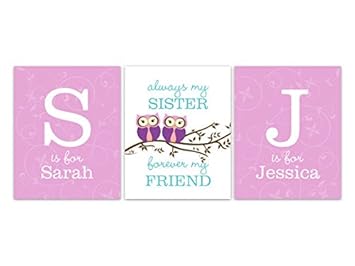 Amazon Com Unframed Prints Choose Your Sizes Sisters Wall Art Girls Monogram Art Teal And Lavender Owl Art Print Twin Girls Wall Art Kids158 Baby