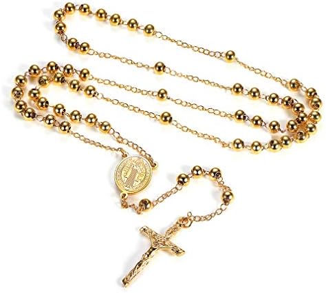 FaithHeart Rosary Beads Catholic Necklace, Holy Soil Virgin Mary/Saint Benedict Medal with Cross Crucifix Pendant, 6MM Beads, 26-28 Inches Chain, 6.3-6.7 Inches Pendant