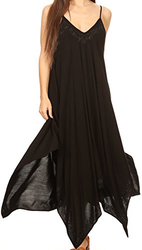 Sakkas 16820 - Eleonora Stonewashed Embroidered Spaghetti Strap Handkerchief Dress - Black - OS