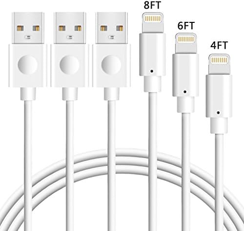 iPhone Charger Cable, Teletrogy 3pcs 4FT 6FT 8FT Durable 8-Pin Lightning to USB Charging Cord Compatible with iPhone X 8 8 Plus 7 Plus 7 6s Plus 6 Plus 5s 5c SE iPad Pro Air Mini 2 3 4 - White