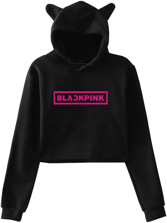 Kpop Sweatshirt Cute Cat Ear Sweater Exposed Navel Pullover Casual Long Sleeve Jumper Print Crop Top Lovely Hoodie for Womens JISOO Jennie ROSÉ Lisa