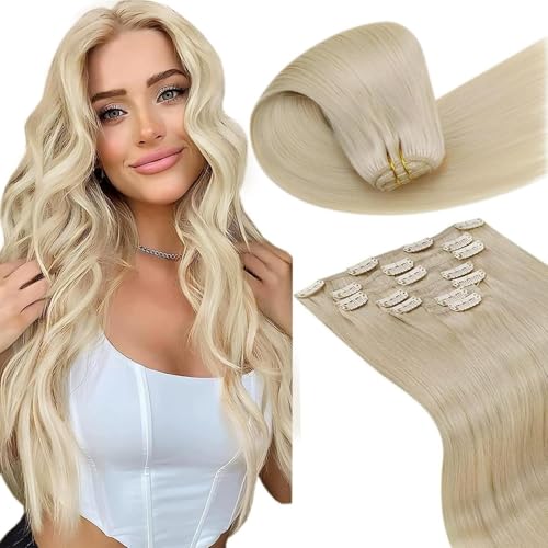 LaaVoo Clip in Extensions Echthaar Blond Extensions Echthaar Clips Bleach Blonde 50cm Menschenhaar Hellblond 120g 7pcs #613