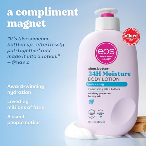 EOS SHEA BETTER BODY LOTION, FRESH & COZY, 24-HOUR MOISTURE SKIN CARE, LIGHTWEIGHT & NON-GREASY, NATURAL SHEA, VEGAN, 16 FL OZ