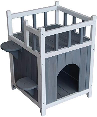 Kuyal Wooden Cat House with Balcony, 2 Story Weatherproof Outdoor Small Pet Shelter, Puppy Winter House Gray & White