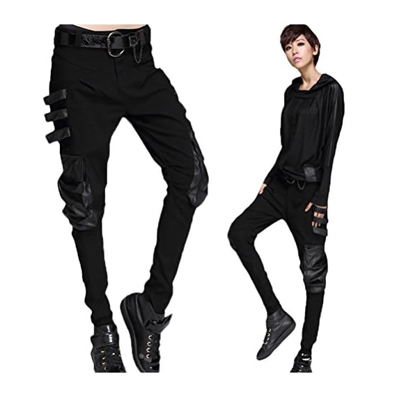 Minibee-Womens-Harem-Patchwork-Leather-Pocket-Punk-Style-Personalized-Pants-Black-M
