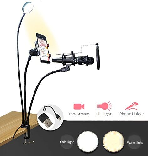 JFtown 3 in 1 Selfie Ring Light Tripod with Microphone & Cellphone Holder Stand for Live Stream Broadcast, 2 Lighting Color Adjustment Clip on Lazy Bracket
