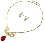 Matte Gold Tone Angel Wing Red Necklace Earring Jewelry Set for Women