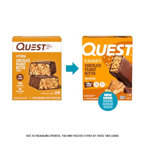 QUEST NUTRITION CRISPY CHOCOLATE PEANUT BUTTER HERO PROTEIN BAR, 18G PROTEIN, 1G SUGAR, 3G NET CARB, GLUTEN FREE PROTEIN SNACK, KETO FRIENDLY, 4 COUNT