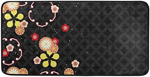 Akiraki キッチンマット 台所マット マット 洗える 滑り止め ラグカーペット 玄関マット おしゃれ 黒 価格 交渉 送料無料 ブラック すべり止め 北欧 和風 花柄 はな 丸洗い 廊下マット 撥水 折り畳み 抗菌 和柄