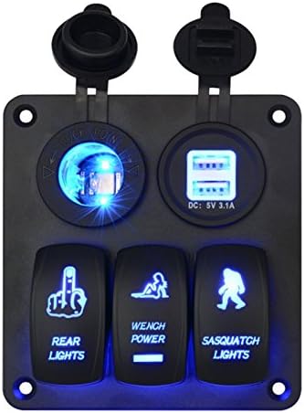Rocker Switch Panel Marine Waterproof 5pin 3 Gang with Dual USB Car Charger Cigarette Lighter LED Light, 12V/24V for RV Car Boat