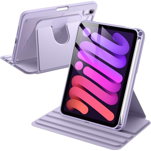 Photo 1 of JETech Rotating Case for iPad mini (A17 Pro, 2024 Model, 7th Generation) / mini 6 (2021 Model, 6th Generation) with Pencil Holder, 360 Degree Rotation Protective Stand Cover Clear Back (Purple)