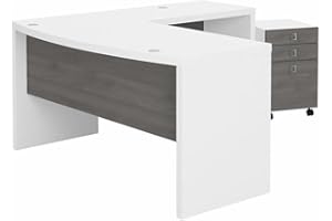 Bush Business Furniture Echo L Shaped Bow Front Desk with Mobile File Cabinet, Pure White and Modern Gray