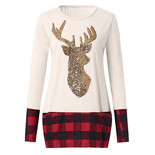 Clearance Forthery Womens Tops Plus Size Christmas Reindeer Plaid Sequin Blouse(Beige, US Size M = Tag L)