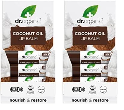 Dr Organic Coconut Oil Lip Balm, Moisturising, SPF 15, Mens, Womens, Natural, Vegetarian, Cruelty-Free, Paraben & SLS-Free, Recycled & Recyclable, Organic, 5.7ml, Packaging may vary (Pack of 2)