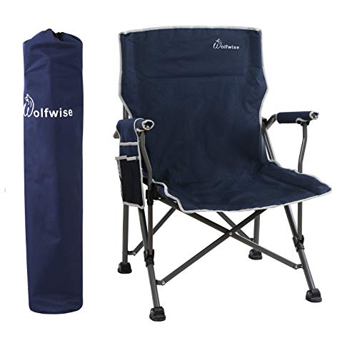WolfWise 350lbs Portable Folding Arm Camping Chair Heavy Duty with Carry Bag Navy