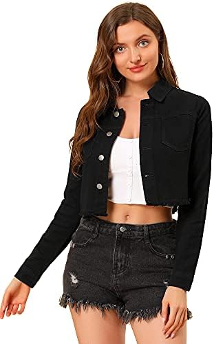 Veste Femme Denim Crop à Boutons Allegra K - Manches Bouffantes, Col Rabattu - Style Décontracté Weekend/Shopping