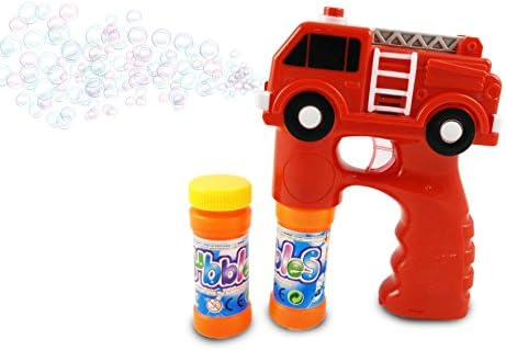JP Fire Engine Bubble Gun Blaster Kids Toy with LED Lights and Music, Extra Bottle Refill, and 3x AA Batteries Included