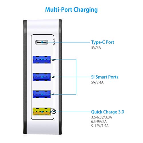 POWERADD 40W 5 Port USB C Charging Station Multi Port Wall Charger QC3.0 USB C Desktop Charger Block - //coolthings.us