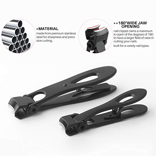 Fingernail and Toenail Clippers Set 15mm Wide Jaw Opening Nail Clippers for Thick Nails Large and Small Sizes Stainless Steel Sharp Nail Cutter with Nail File for Men and Women 3PCS (Black)
