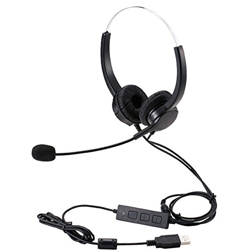 TelPal Corded Hands-free Call Center Noise Cancelling Corded Binaural Headset Headphones with Mic - Cord with USB Plug, Volume Control