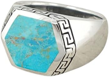 925 Sterling Silver Mens Hexagonal Genuine Turquoise Greek Key Meander Meandros Ring