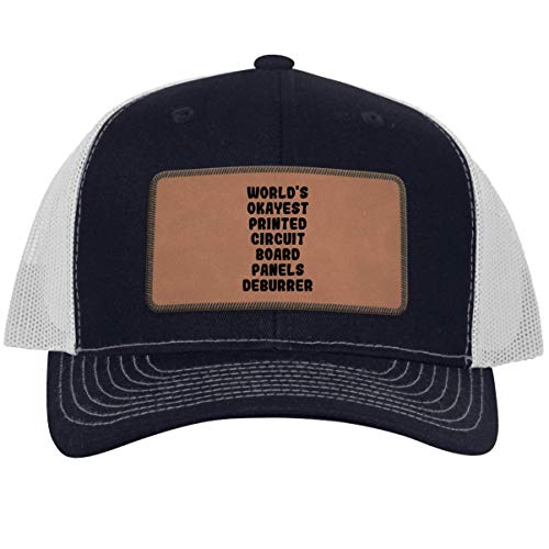 World's Okayest Printed Circuit Board Panels Deburrer - Leather Dark Brown Patch Engraved Trucker Hat, Navy-White, One Size