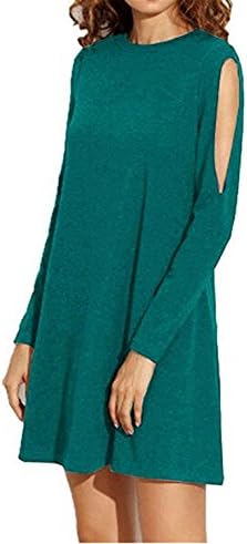 JINGJQINGCAO Chic Women Cotton Long Sleeve Cold Shoulder Lightweight Tunic Casual Short Dress Lake Blue8