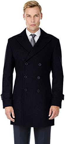 MDRN UOMO Men's Double Breasted Wool Blend Coat, Navy, Small