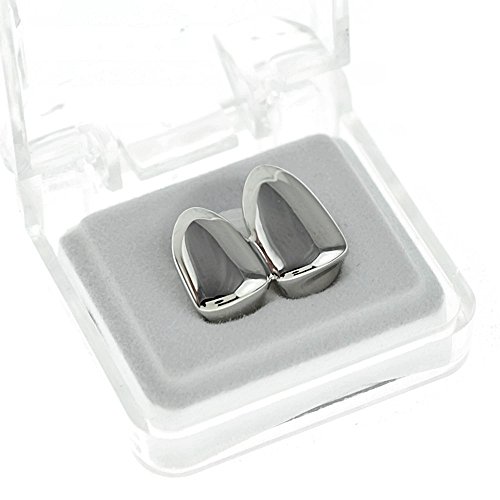 Double Cap Grillz Silver Tone Plain Canine Bling Two Tooth Hip Hop Teeth Grills
