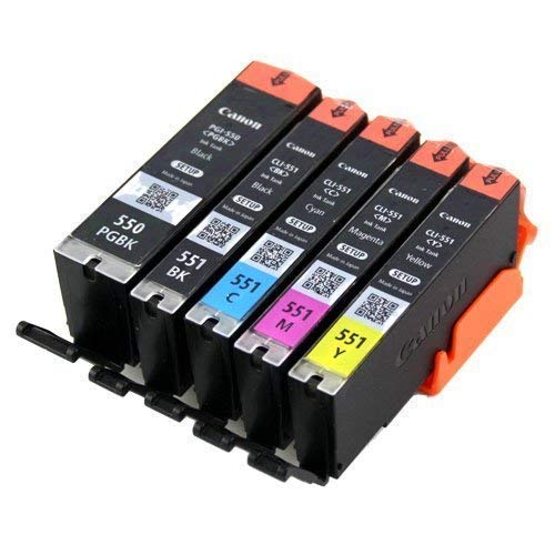 5 x Original Canon Setup Cartridges Set Of 5 Ink cartridges with Chip PGI-550 CLI-551 Ink Cartridges for Canon PIXMA Printer IP7200 Series IP7250 IP8700 series IP8750 IX6850 MG5400 series MG5420