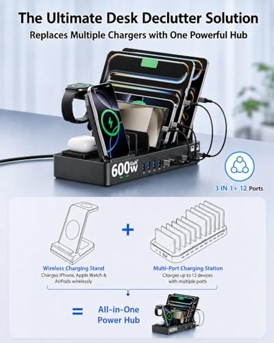 600W Charging Station for Multiple Devices, 15-in-1 GaN USB-C Charger with 3-in-1 Wireless Charger for Apple, Dual 100W PD Laptop Charging Dock, 8 USB-C & 4 USB-A for MacBook, iPad, Laptop, Black