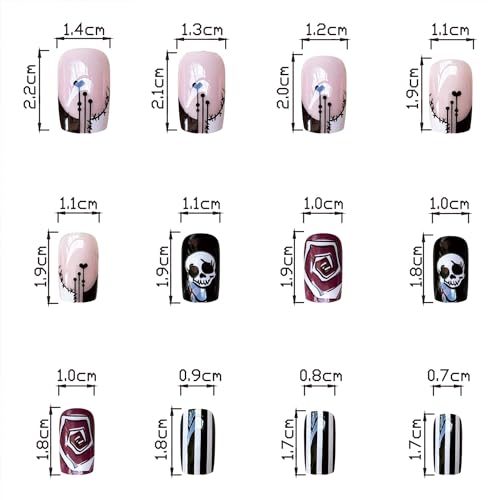 Halloween Press on Nails Square Short Fake Nails French Tip False Nails With Heart Skull Swirls Designs Full Cover Stick on Nails Acrylic Reusable Artificial Nails for Women Glue on Nails 24Pcs - Image 6