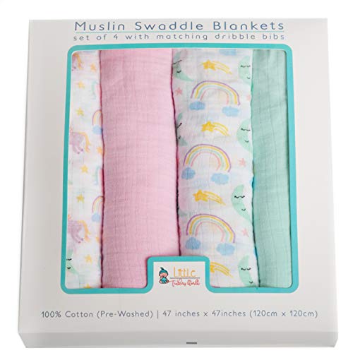 Baby Muslin Swaddle Blankets with Matching Dribble Bibs | Premium Cotton Swaddle Blanket | Set of 4 | Large 47 x 47 inches | Cute Unicorn/Rainbow Designs by Little Tinkers World