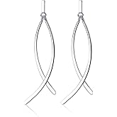 SLUYNZ Solid 925 Sterling Silver Shiny Bar Dangle Earrings for Women Teens Flat Bar Dangle Earrings Curve Line Earrings