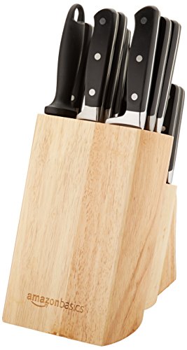 Amazon Basics 18-Piece Premium Kitchen High-Carbon Stainless Steel Blades with Pine Wood Knife Block Set, Black