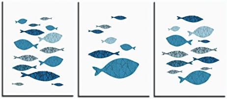 Nursery Baby Kids Room Decoration Blue Fishes Abstract Paintings Nordic Wall Art Painting- Framed Ready to Hang