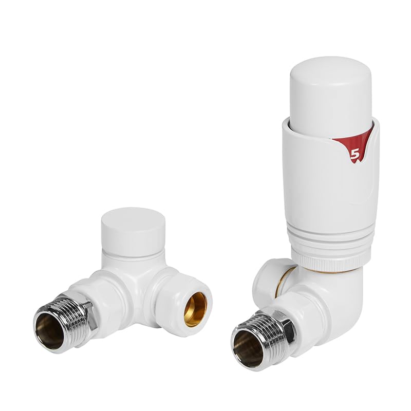 Thermostatic Radiator Valves and Corner Lockshield Valve - Classy and Modern Design 1/2" x 15mm Corner Radiator Valves (White)