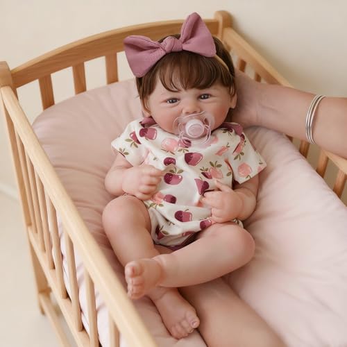 Bebê Reborn Boneca Realista Menina de Silicone Olhos Castanhos Pintado Pode dar Banho (Menina Boneca 48cm)