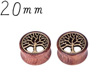 Ensunpals Wood &amp; Brass Tree Of Life Inlay Plugs Double Flare Tunnels Ear Gauges Piercing Jewelry 20mm